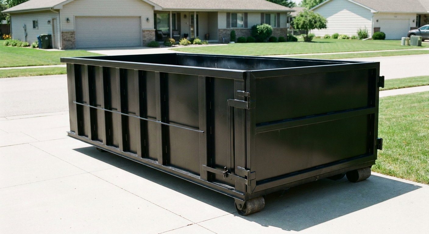 Matte-black 10-yard roll-off dumpster on a residential concrete driveway in Fort Smith, uniformly painted matte black across every panel and rail, ribbed steel sidewalls and rear swing door visible, mid-day daylight.
