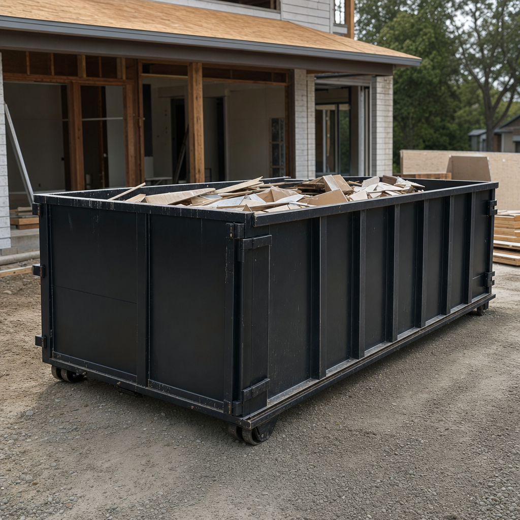 Large matte-black 30-yard construction roll-off dumpster at an active Fort Smith jobsite, steel-gray top rails and bottom rollers visible, loaded with construction debris.