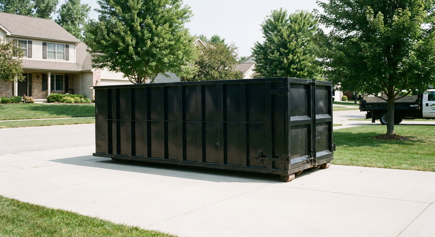 Matte-black 20-yard roll-off dumpster sitting level on a clean Fort Smith residential concrete driveway under bright daylight, demonstrating clean placement directly on the concrete.