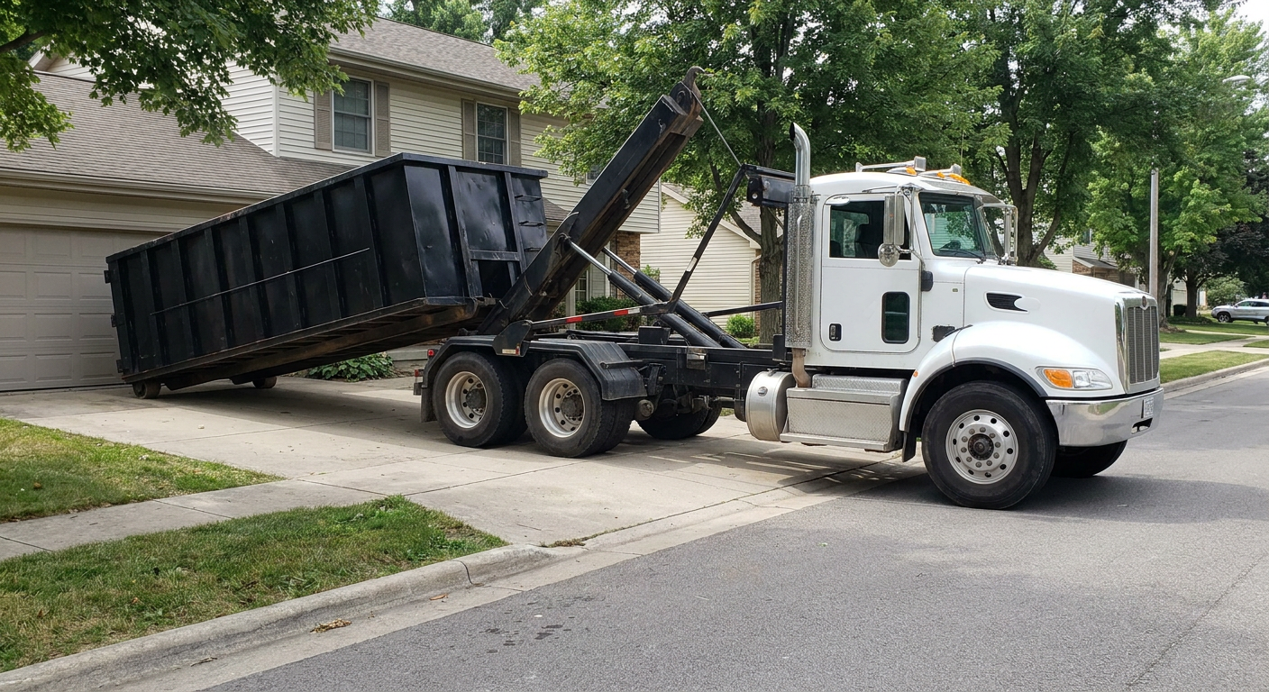 White-cab hooklift roll-off truck actively lowering a matte-black dumpster onto a Fort Smith residential concrete driveway, the dumpster's rear wheels touching the driveway as the hoist arm tilts the bed forward, mid-morning daylight.