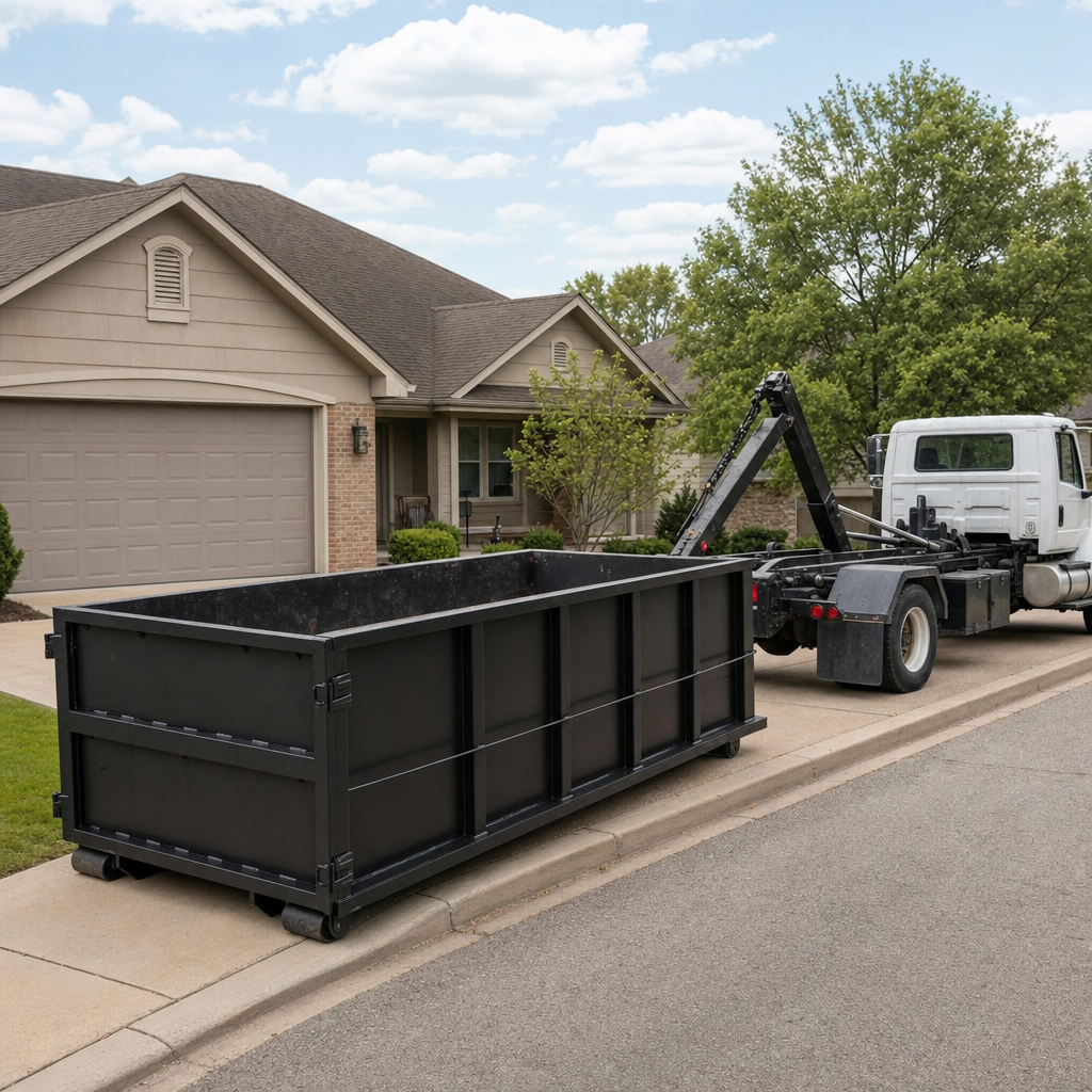 Wide documentary shot of a matte-black roll-off dumpster on a Fort Smith residential driveway in the foreground and a contractor jobsite container in the soft-focus background, bright daylight, calm and orderly composition.
