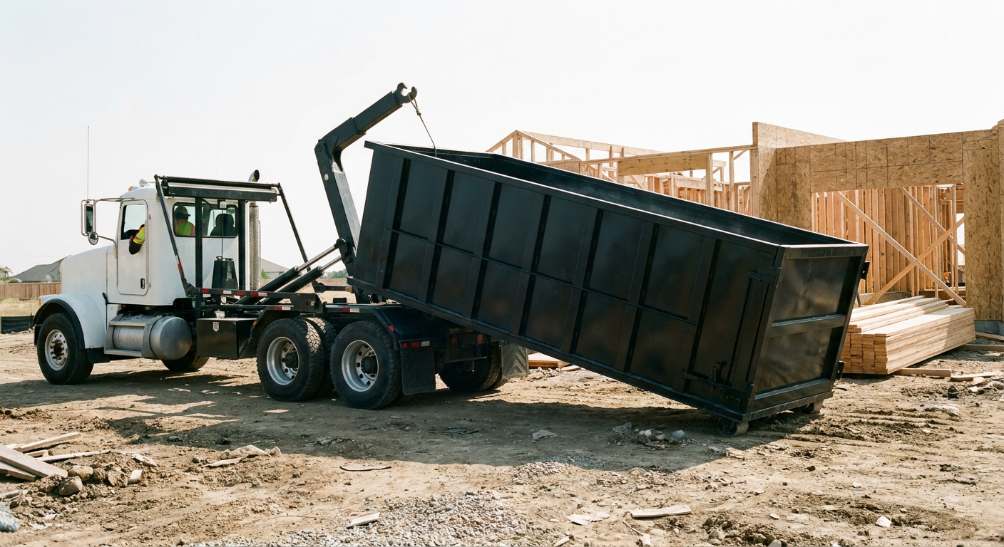 Matte-black roll-off dumpster being delivered onto a clean residential concrete driveway in Fort Smith by an unmarked white hooklift hauler truck, bright morning daylight, documentary 35mm perspective.